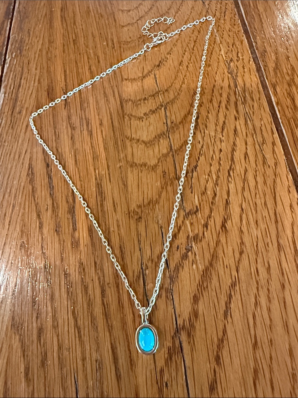 Gold Chain Necklace with Dainty Blue Turquoise Oval Pendant 8-1/2” chain.